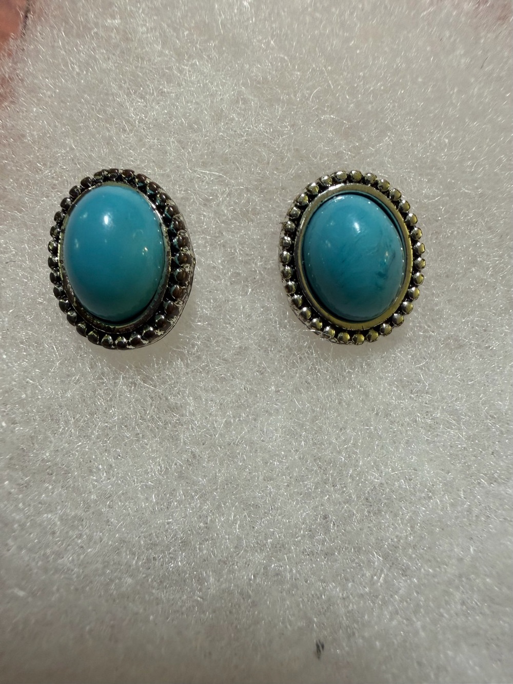 Turquoise Color Oval Cabochon Stud Earrings Silver Tone Southwestern Boho